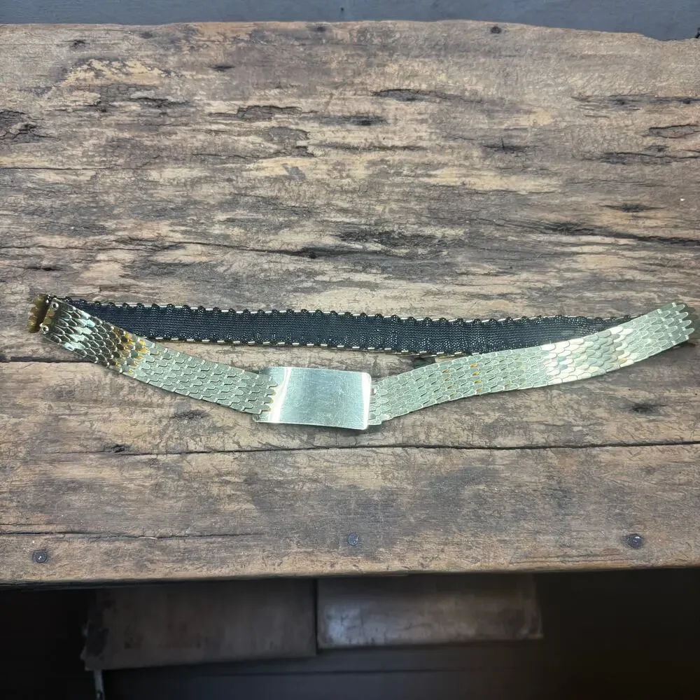 Vintage Gold Fish Scale Metal Link Elastic Stretch Belt Push Clasp Women's OS